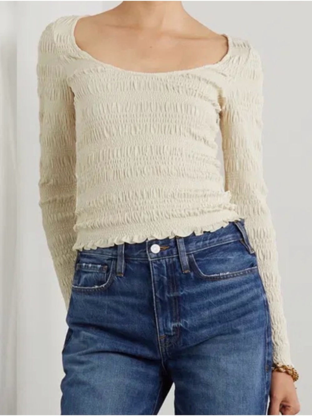 Frame Cream Smocked Long-Sleeve Scoop Top